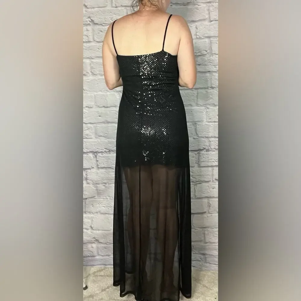Vintage Y2K Black Sequin Formal/Cocktail Dress with sheer train
